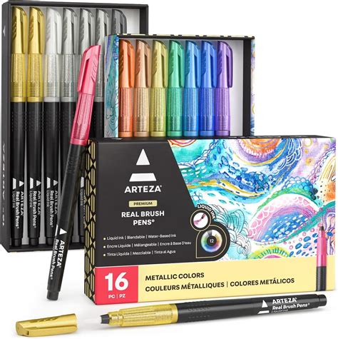 metallic box pen colors|ARTEZA Metallic Markers, 16 Real Brush Pens, Blendable .